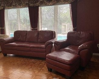 Red leather sofa, chair & ottoman. 