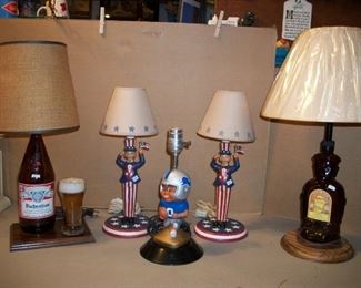 Unique lamps....Budweiser...Kahula...Uncle Sam....Vintage Detroit Lions......All work
