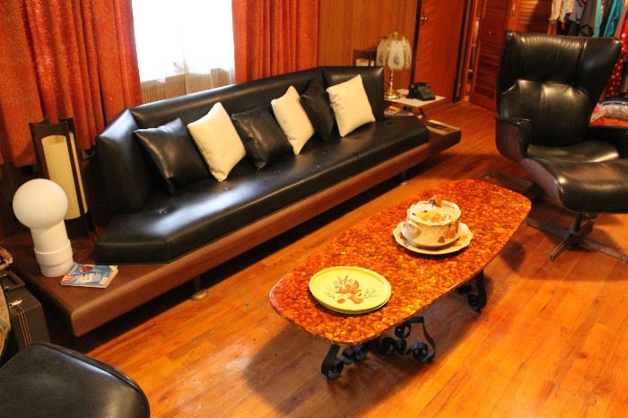 Adrian Pearsall floating sofa. George Mulhauser Plycraft chairs. Vintage coffee table. Danish lamps!