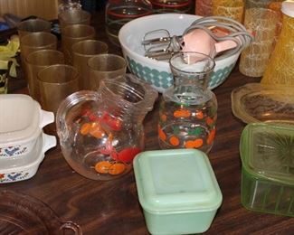 Mid century glass items. Pink mini mixer!