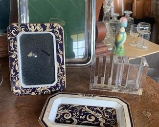 Blue/gold picture frame and tray are sold.