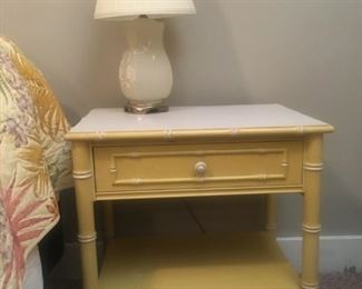 YELLOW BEDROOM SET.  Lovely yellow bamboo pattern bedroom set.  High quality.  Two twin headboards, but no frames, mattresses or box springs.  One matching bedside table with one drawer (W 24”, H 24”, D 16”).  One wide dresser with 7 drawers and attached mirror (W 56”, H 29”, D 19” mirror W 29”, H 42”), one tall boy dresser with 
5 drawers (W 36”, H 45”, D 19”)  New, $800, sell for $250.   CASH ONLY                                                                          
This item is in the basement.
