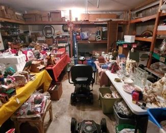 A two-car garage full of Christmas decorations and other collectible items