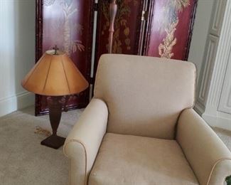 Lee upholstered arm chair, Room divider, matching floor and table lamps