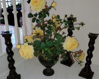 Castilian barley twist candlesticks, silk floral