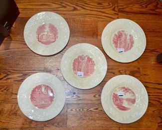 vintage 1932 Wedgwood Smith College red transferware commemorative plates - The Library, College Hall, Seelye Hall, Grecourt Gates