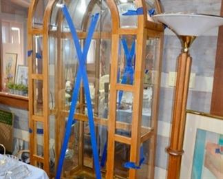 Retro oak & glass china cabinet & floor lamp