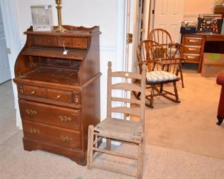 rollmop writing desk; vintage wagon chair