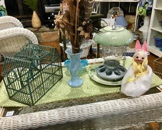 birdcast, art pottery vase; bird feeder, Annlee bunny rabbit