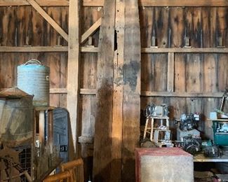 Fantastic antique farm harvest table top, set of 4 vintage harp detail dining chairs, misc vintage motors