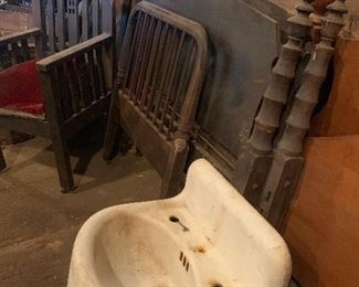 Antique cast iron vanity sink, antique Mission chair, Large Old Mirror, old windows