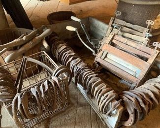 Loads of Farm used horse shoes in a variety of sizes, antique hand drills, antique clothes wringers