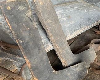 Primitive wood cobbler boot molds, Antique buckboard wagon seat