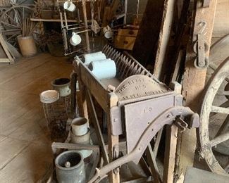 Antique tobacco, corn stalk, sugar cane cutter, old crocks, old seeder, antique pulleys, old rotating wire wrack, vintage mugs and saucers, early crockery salt feeders, old windows, old wire crates