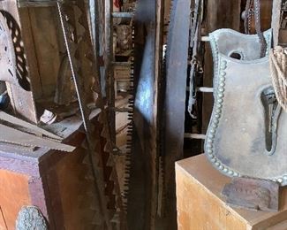 Long 2 man wood saw blades, farm implement blades, hand saws, tractor seat, old skinning board, vintage dresser, antique leather horse accessories