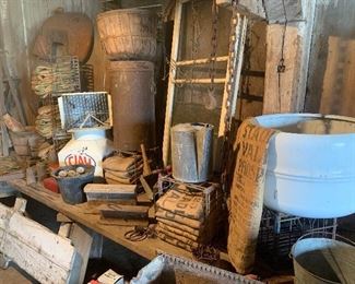 Old wagon side, feedbacks, porcelain wash tub bowl, galvanized pails, vintage barn roof vent, railroad track pieces  for anvil use, 