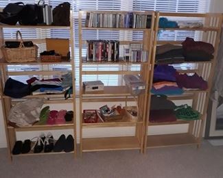 Folding wood shelf units, womens  clothes, cds and dvds