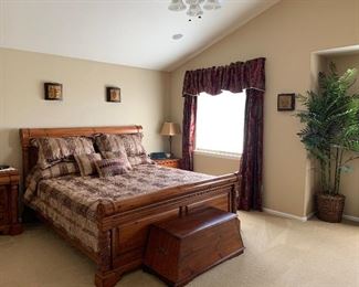 King Size sleigh bed with end table, armoire, and double dresser (mattress set not included)