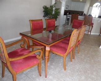 Rectangular Dining Table, Wood Frame, Glass Top. $ Side Chairs, 2 Captain's Chairs