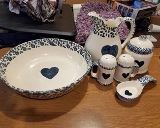 Folk Art Salad Bowl / Laddel Holder / Water Pitcher / Salt and Pepper / Sugar Canister