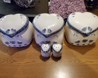 Set of 3 Heart Shaped Cannister & Matching Salt /Pepper