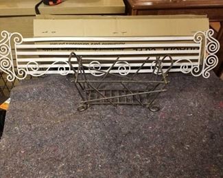 Lot of Wrought Iron Decor, 1 White Plate Rack and 1 Small Basket