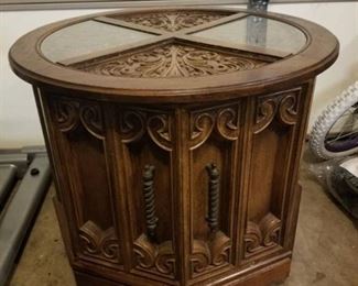 Wooden Side Table with 2 Glass Pieces and Underneath Storage and Wheels