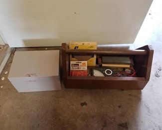 Lot with Vintage Wooden Toolbox, Contents Included and 1 Metal Box