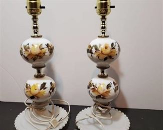 Pair of Milk Glass Painted Hobnail Lamps