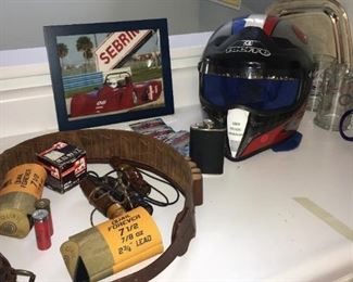 Rob Sherwood’s racing helmet by Bieffe of Italy. Homeowner is racecar and sports enthusiast. Also Orvis M20 cartridge belt, wooden duck calls.