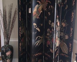 Beautiful hand-painted wood black Chinese screen, 96" wide