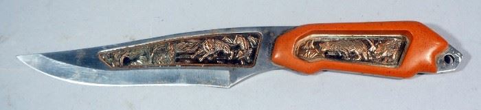 Stainless Steel Fixed Blade Knife With Relief Images Of Wolves In Blade, 11" Overall Length, With A Leather Sheath
