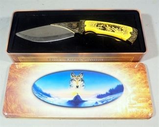 Wildlife Collection Series Howling Wolf Bowie Knife In Collector's Tin, 5.25" Blade, Wolves Are Molded Into The Bone Handle And Printed On The Blade