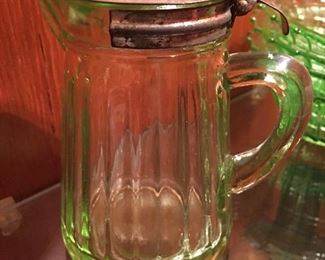 Green depression glass syrup jar