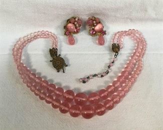 Miriam Haskell Pink Necklace & Earrings Set Vintage 3 Pc          https://ctbids.com/#!/description/share/328625