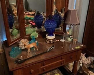 Vanity dressing tablet with 2 beautiful lamps -- one cobalt blue, the other green
