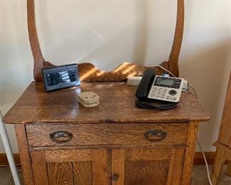 Golden oak washstand with towel bar