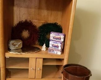 TV stand and vintage bucket