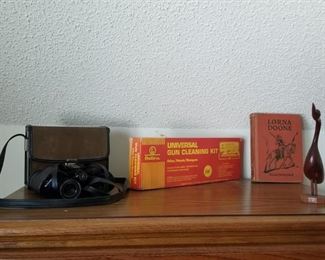 Bushnell binoculars, gun cleaning kit, misc