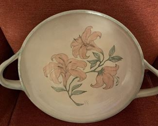 Studio pottery handled tray with lillies