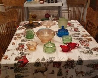 Depression Glassware, Vintage Country Table & 4 Press Back Chairs
