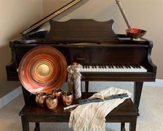 Gulbransen Baby Grand Piano; copper mugs, home decor