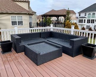 Outdoor Deck Furniture. *Due to sun exposure, there are some condition issues on the top of the sofa frame. Cushions are available but need to be cleaned! Sunbrella material. 