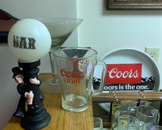 Coors beer pitcher, assortment of beer mugs, Coors tray and vintage Bar lamp! 
