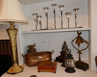 One of pair Large Tole Lamps, Copper and old boxes