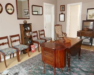 Vintage Drop Leaf Table, Set of 4 vintage chairs, small vintage bookcase