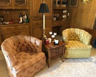 Barrell Chairs, End Table, Lamp