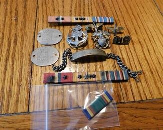 Grouping of WW2 Named Pins/ Dog Tags/ Ribbon Bars(USS Wasp)