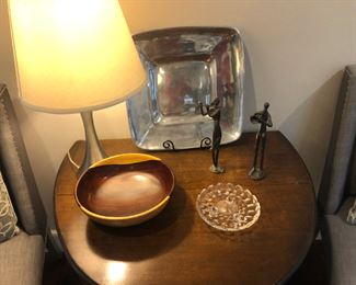 Pottery Barn lamp ,handmade wood bowl, Nambe, handblown glass, 