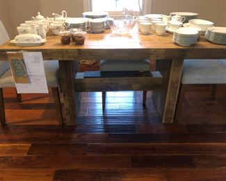 West Elm wood kitchen table and set of "4"  linen covered wood Chairs 